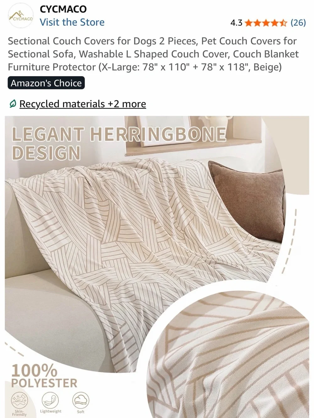 Beige Herringbone Sectional Couch Cover 200x300+200x300 CM